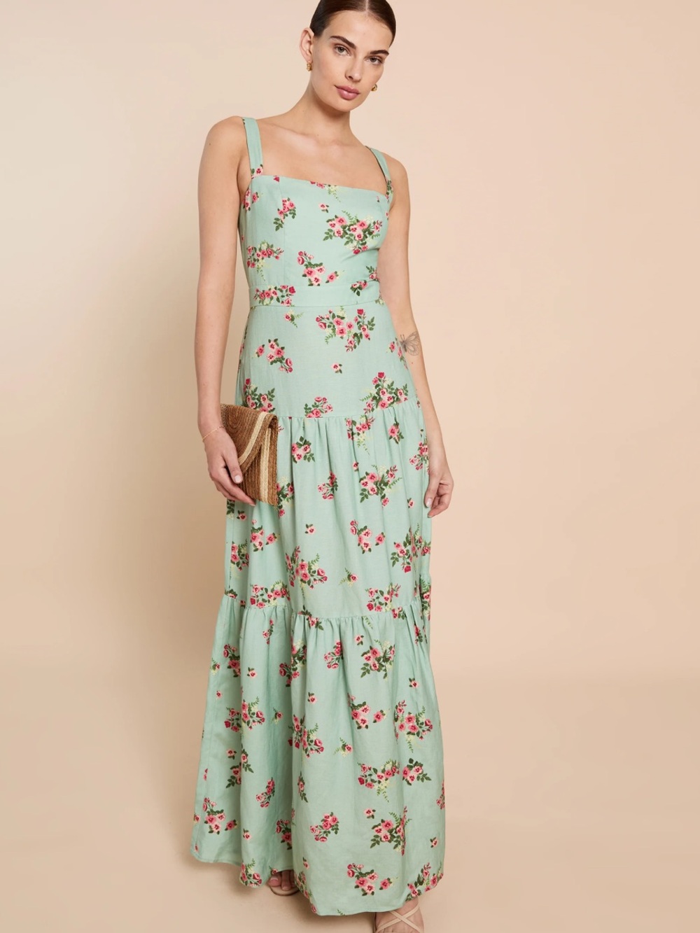 NWT o.p.t Kealoha Pistachio Floral Tiered Few Moda Maxi Dress Small